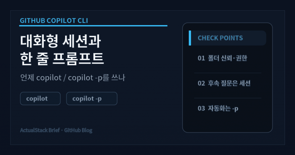 ActualStack cover image for GitHub Copilot CLI: 대화형 세션과 -p 한 줄 실행, 언제 쓰나