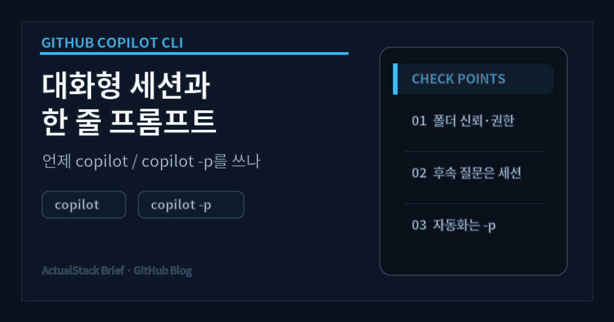 ActualStack cover image for GitHub Copilot CLI: 대화형 세션과 -p 한 줄 실행, 언제 쓰나